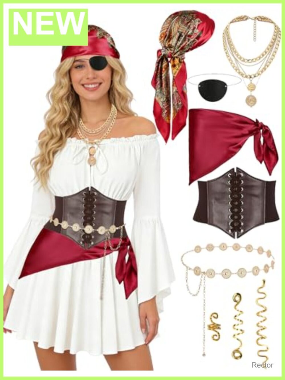 Women's Pirate Costume Set Dress with Corset Belt 8-Piece Halloween